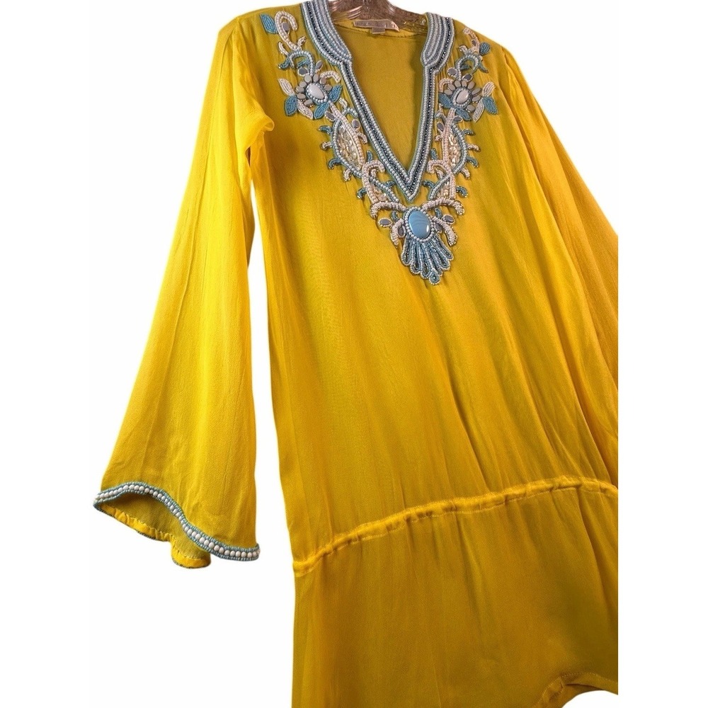 Boston Proper Beaded Tunic Top Yellow Boho Embroidered Flutter Sleeve XS - Picture 3 of 15